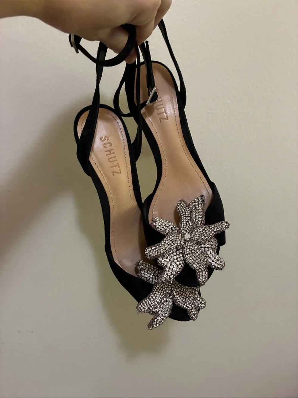Schutz Black Suede Crystal Flower Ankle-Strap Sandals size 9